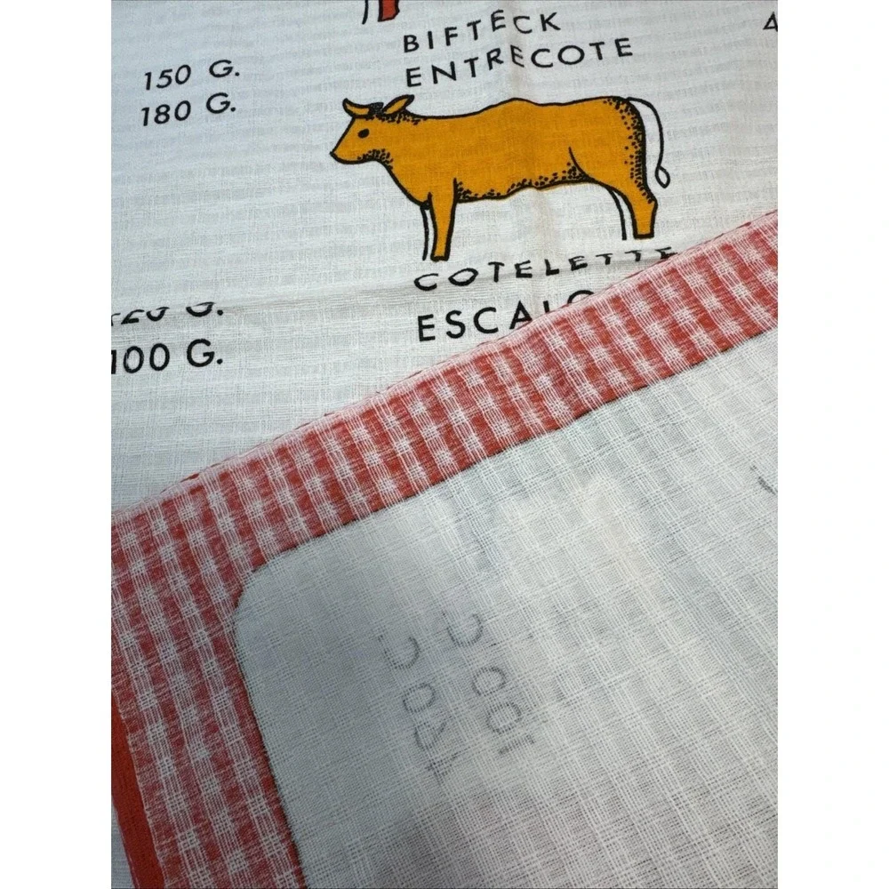 VTG French Tea Towel MCM Cuts of Meat Oddity Kitchen Butcher Calorie Rare Cotton